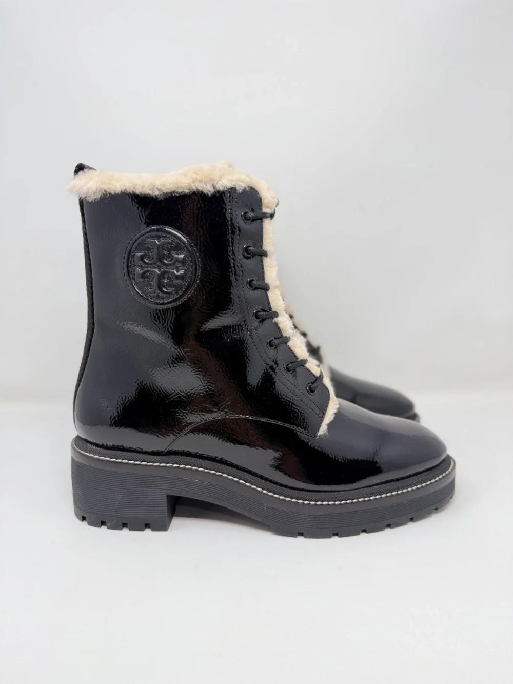 New Tory Burch Miller Lug Sole Shearling Bootie Black Sz 9.5
